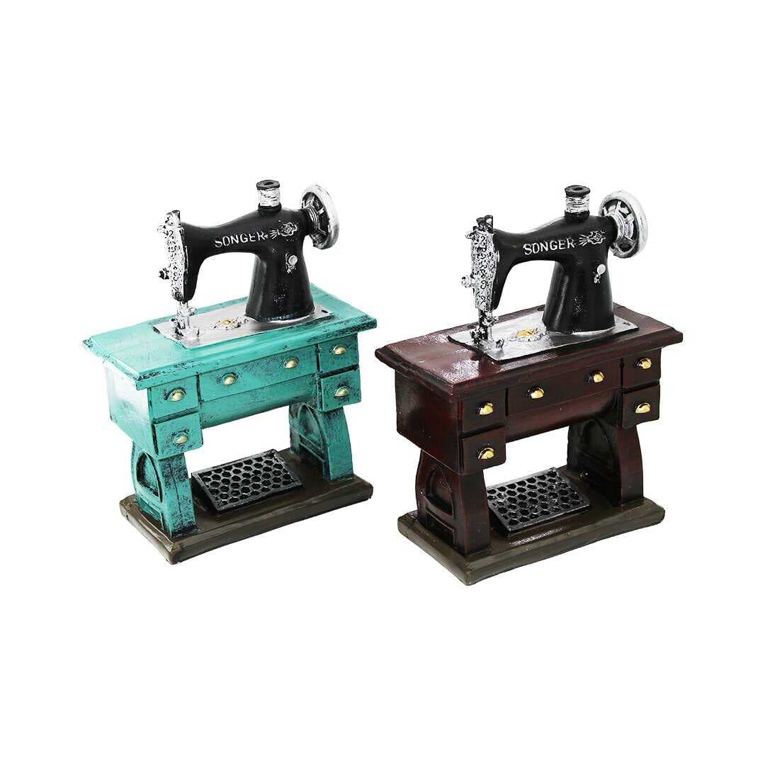 DİKİŞ MAKİNESİ VİNTAGE DEKORATİF BİBLO - KUMBARA RENKLİ 20X15X8.5CM REÇİNE (5430)