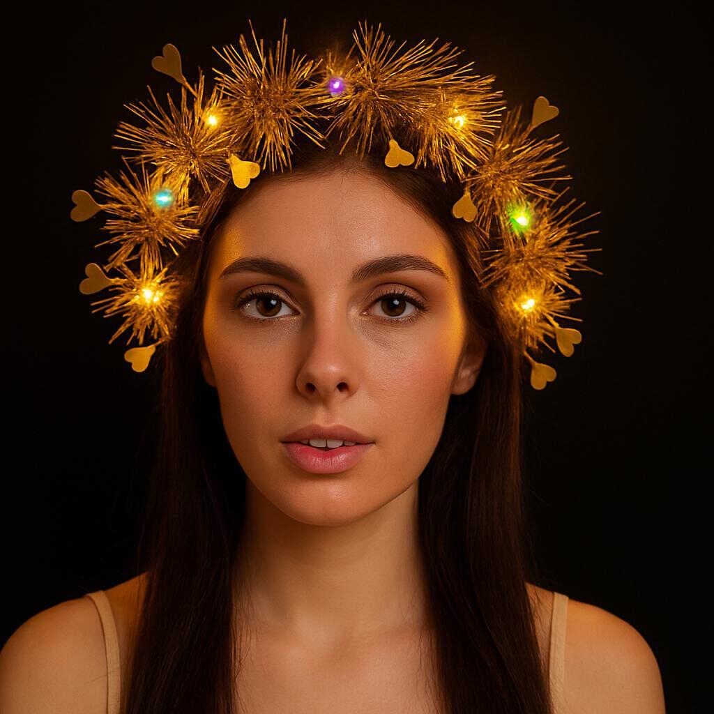 Kalp Püsküllü Gece Parıltısı 3 Modlu LED&amp;apos;li Işıklı Taç Altın Renk (5430)