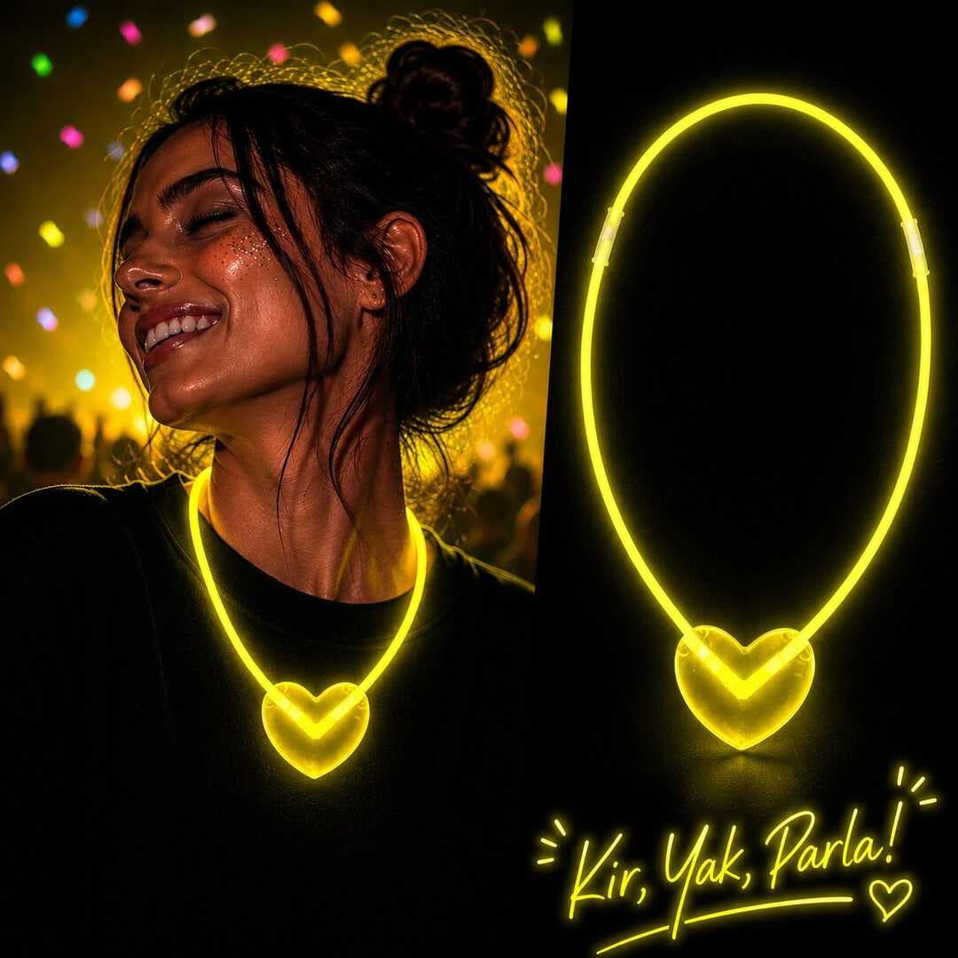 Neon Işıklı Fosforlu Kalp Parti Kolyesi Sarı Renk (5430)