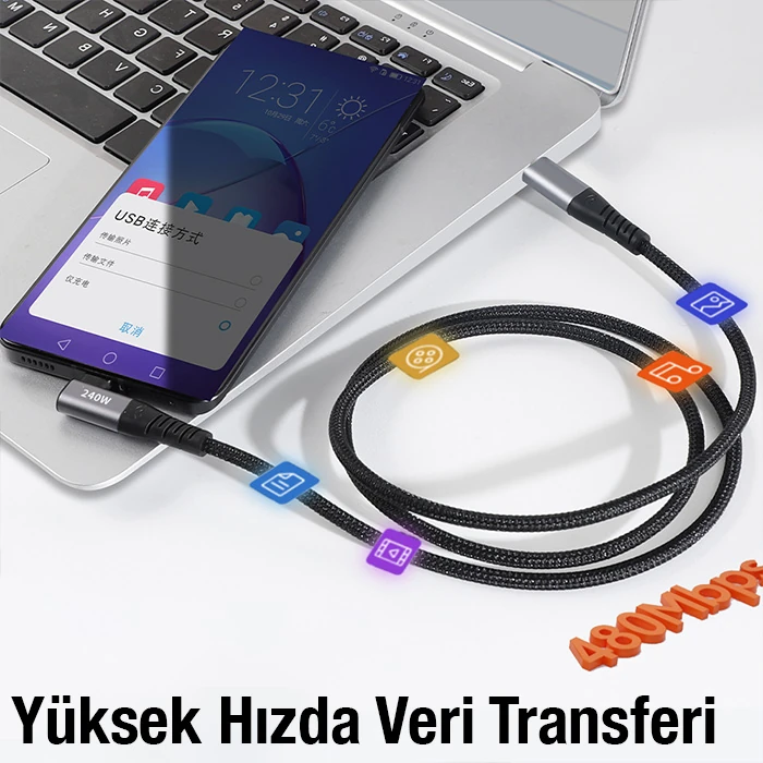 ALLY 240W Type-C To Type-C Yatay Laptop-Telefon Hızlı Data ve Şarj Kablosu-(5775)