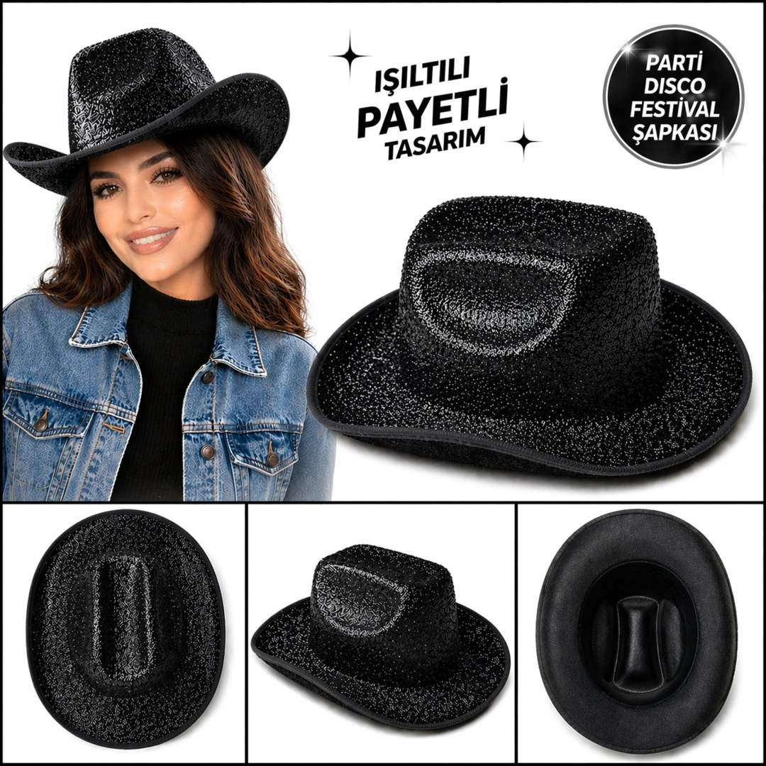 Parlak Siyah Kovboy Şapka Kadın Erkek Parti Disco Festival Şapkası