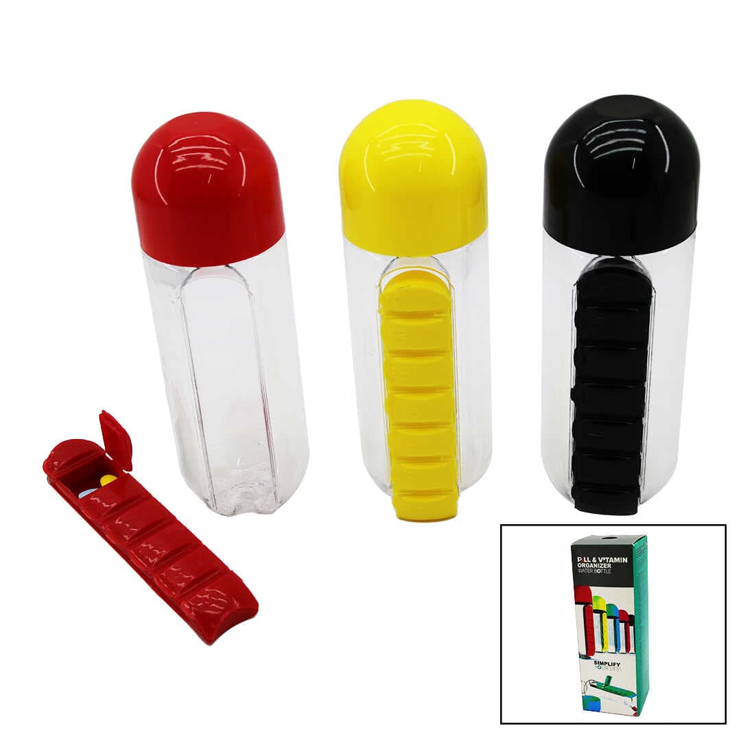 İLAÇ KUTULU PLASTİK SULUK MATARA RENKLİ BARDAK KAPAKLI 600ML (5430)