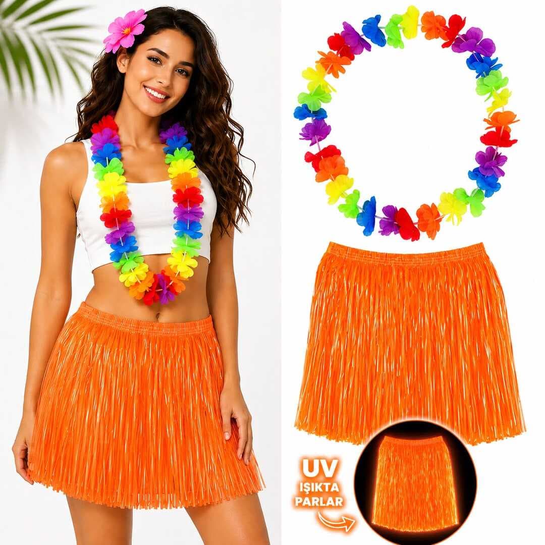 Neon Turuncu Hawaii Etek 40 cm ve Rengarenk Hawaii Kolye (5430)