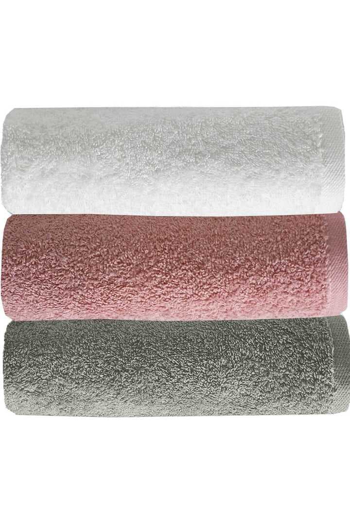 3 lü Düz Renk El Yüz Havlu Seti %100 Pamuklu 50x90 Cm Gri-Gül-Beyaz