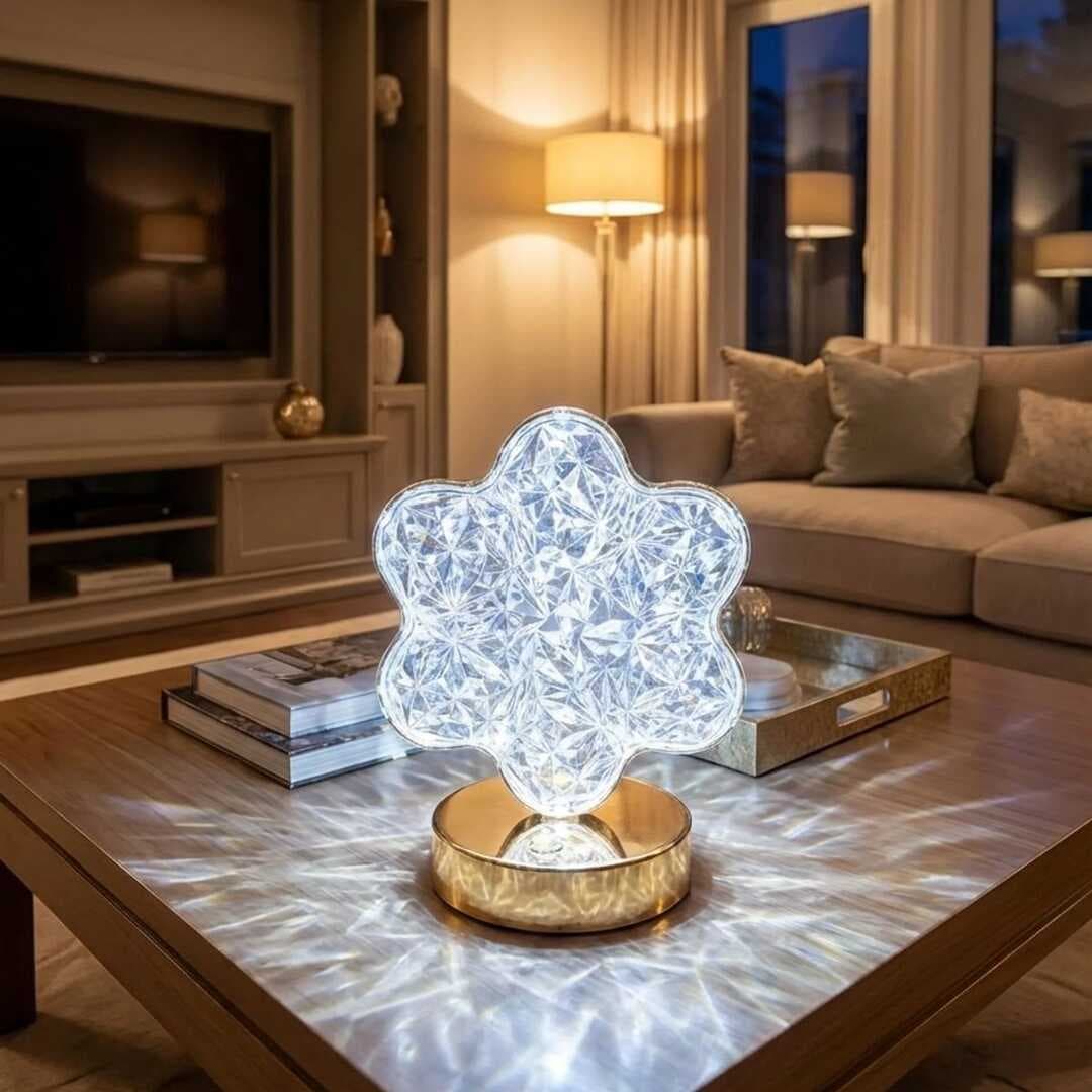 Çiçek Model Kristal LED Masa Lambası – Dokunmatik, 3 Renk Işık Modlu, Şarjlı Mini Dekoratif Gece Lambası (5430)