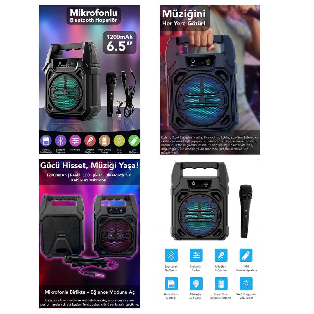 6.5 INC BLUETOOTH WİRELESS MİKROFONLU HOPARLÖR - SPEAKER USB SARJLI AUX - TF - USB PS-1283 (5430)