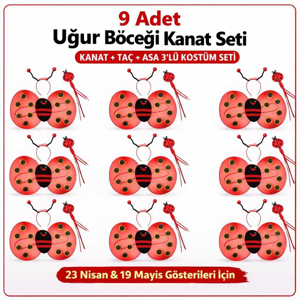 9’lu Uğur Böceği Ateş Böceği Kostüm Seti – Kanat Taç Asa (5430)