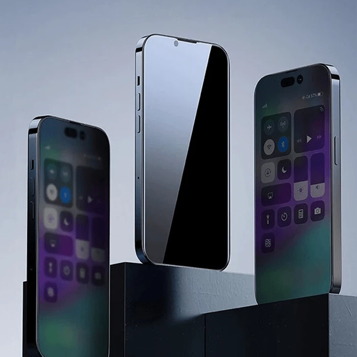 Baseus Crystal iPhone 15 Pro Max Privacy Full Koruma Tempered Cam Ekran Koruyucu-(5775)