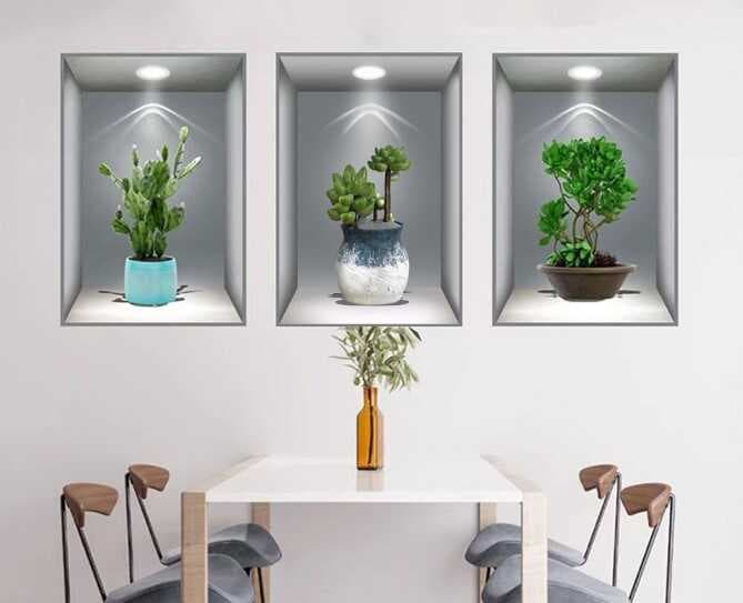 3D Çiçek Vazo Duvar Sticker 3 lü Set GRİ Fon