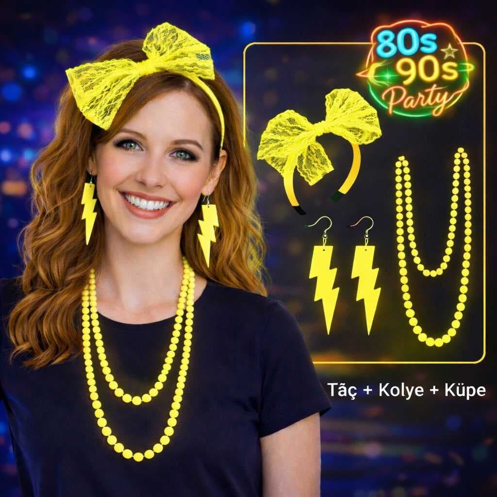 80’ler 90’lar Neon Sarı Parti Seti – Kolye Küpe Taç (5430)