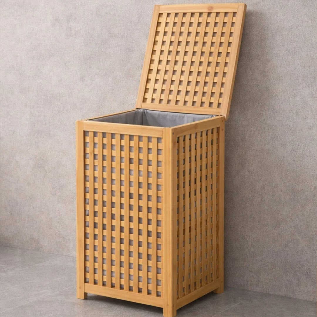 KALIN AHŞAP BAMBU KİRLİ ÇAMAŞIR SEPETİ KUMAŞ ÇANTALI SEPET=40X40X58CM (5430)