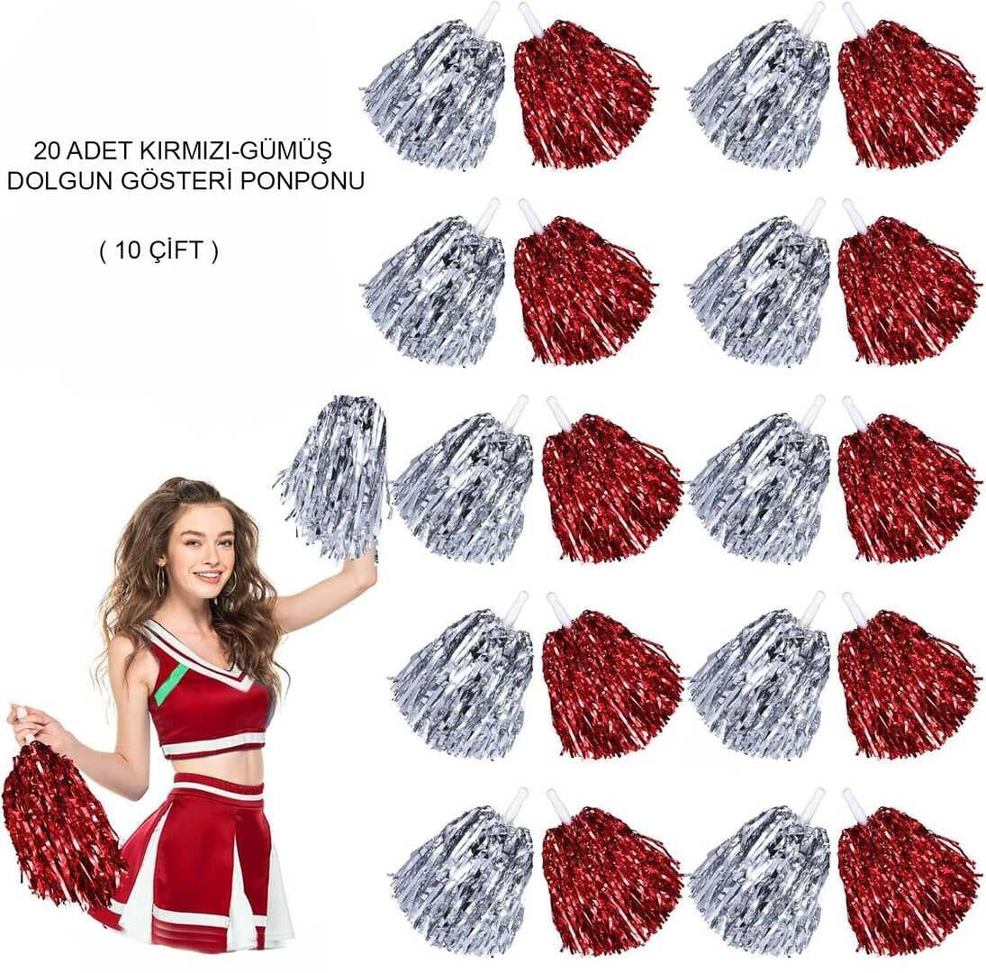Kırmızı Gümüş Metalik Dolgun Gösteri Ponponu 20 Adet (10 Çift) (5430)