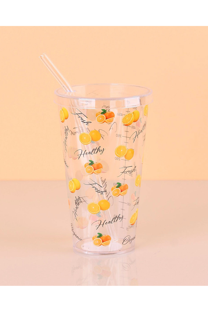 Desenli Plastik Pipetli Bardak 16 Cm 1 Adet Royaleks-ENF-040