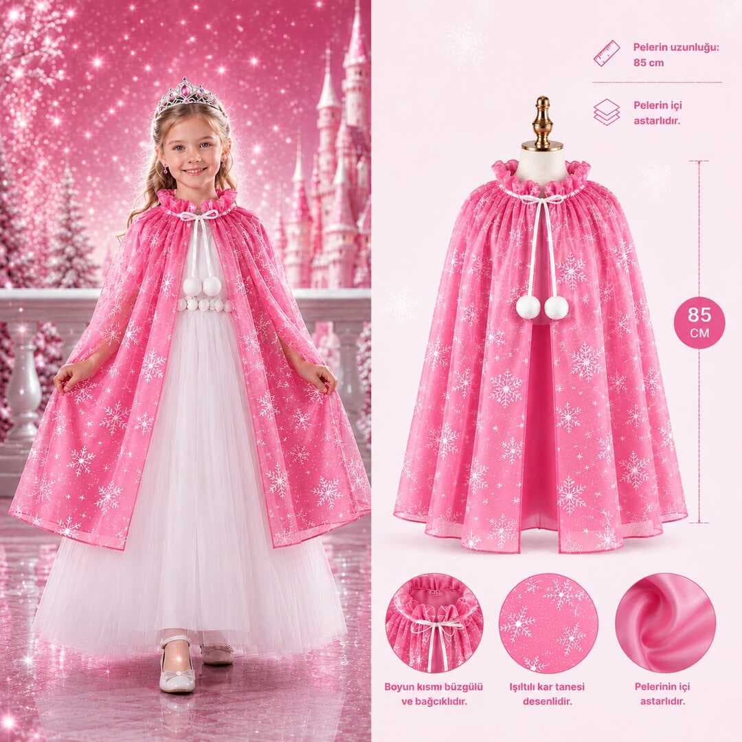 Kar Tanesi Desenli Pembe Elsa Pelerini - Astarlı Frozen Pelerini 85 cm (5430)
