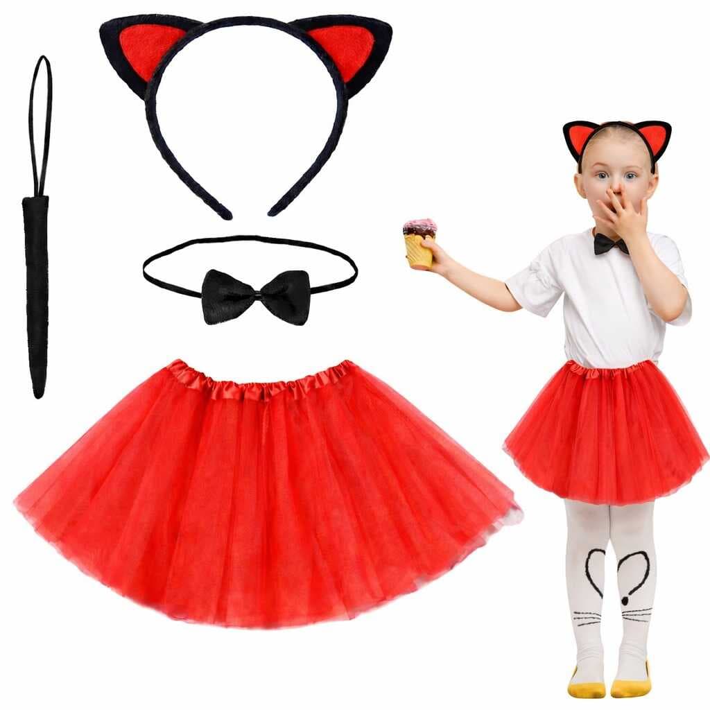 Kırmızı Renk Etekli Kedi Kostüm Seti (Tütü, Taç, Papyon, Kuyruk) (5430)