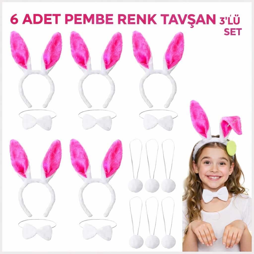 Şeker Pembesi Tavşan Sahne Seti 6&amp;apos;lı Set Taç Papyon Kuyruk (5430)