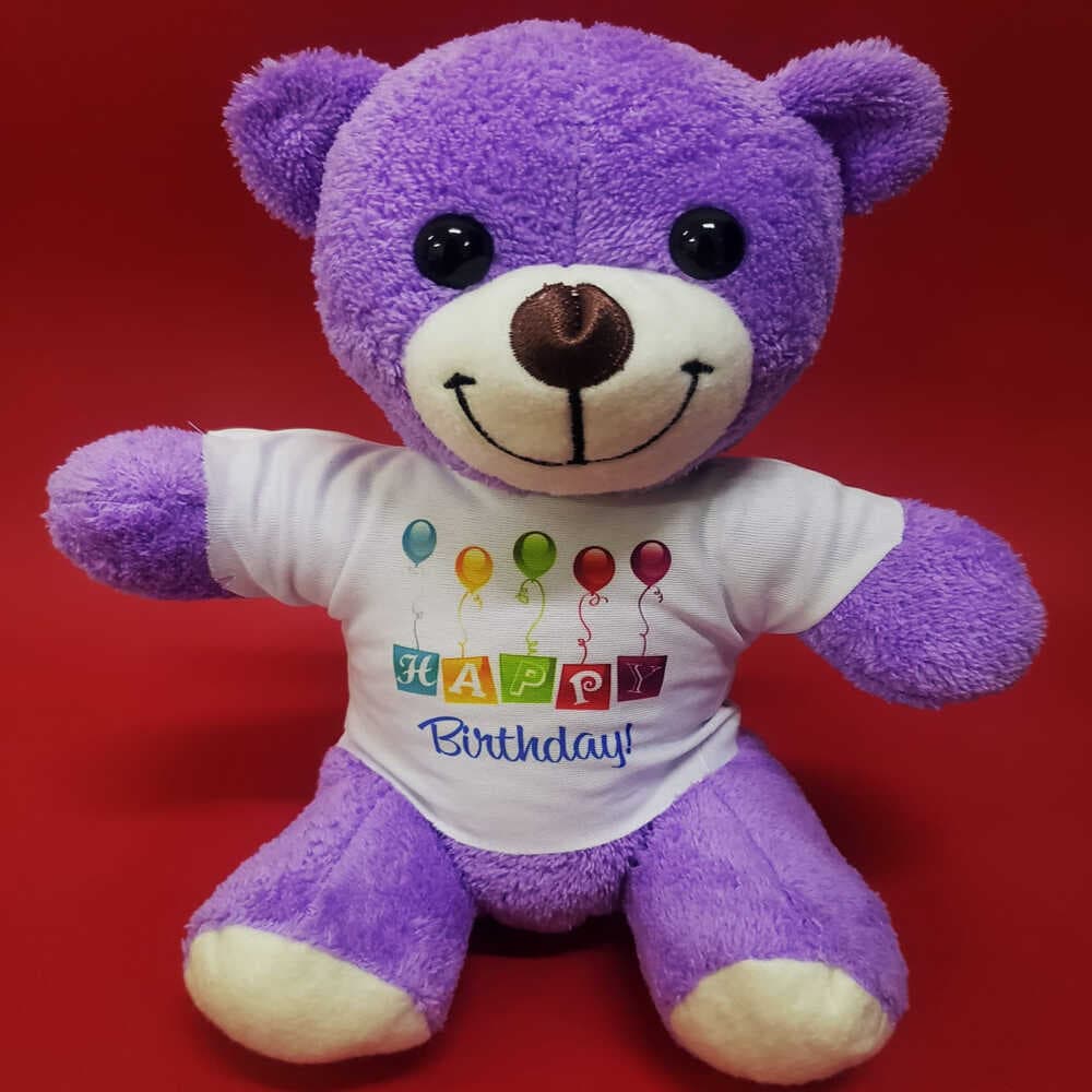 Happy Birthday Tişörtlü Peluş Mor Ayıcık
