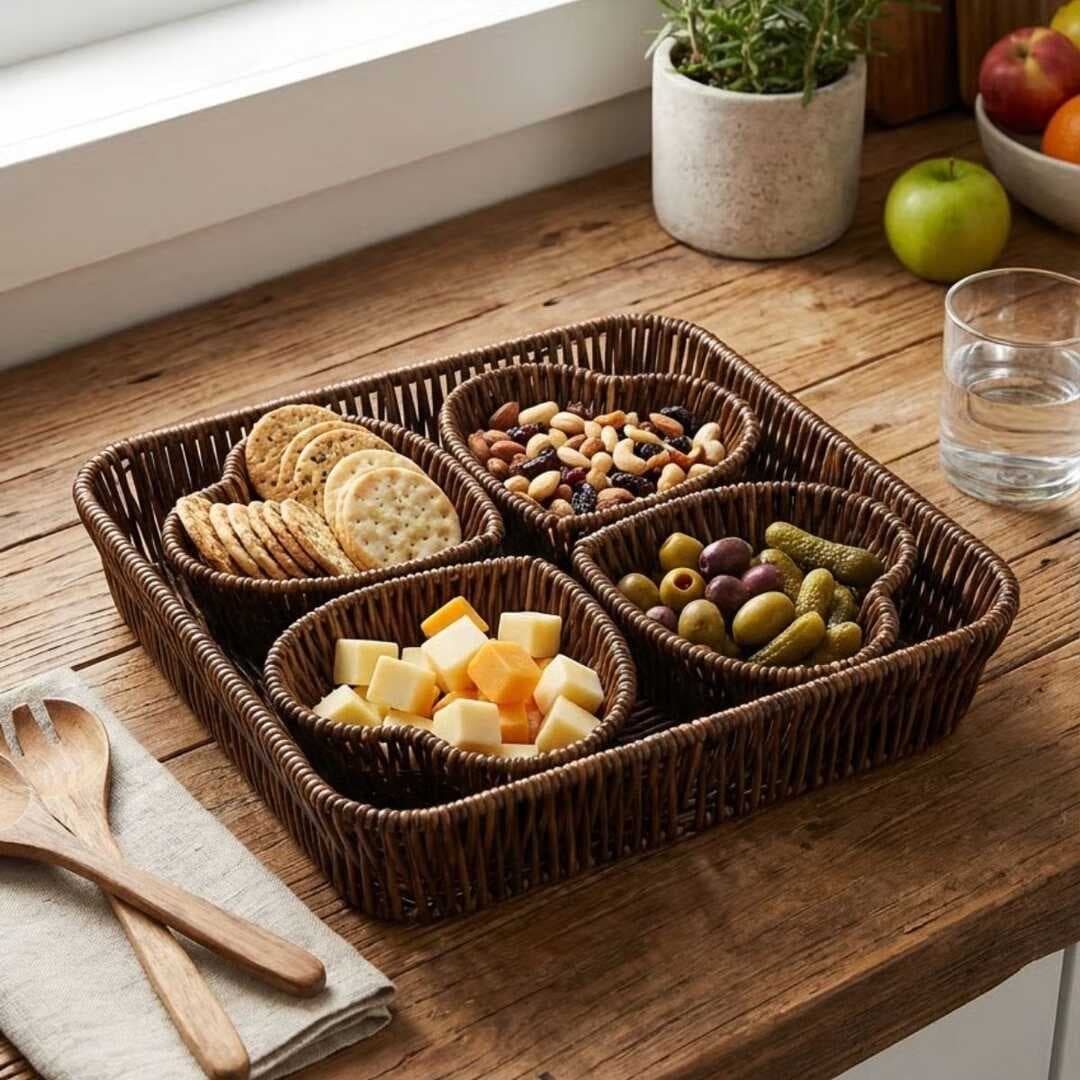 5 Parça,4 Kalp Formlu Plastik Rattan Sunum ve Kahvaltı Seti-Bölmeli Çerezlik ve Meyvelik-Doğal Hasır Görünümlü Tepsi ve Sunum Tabakları (5430)