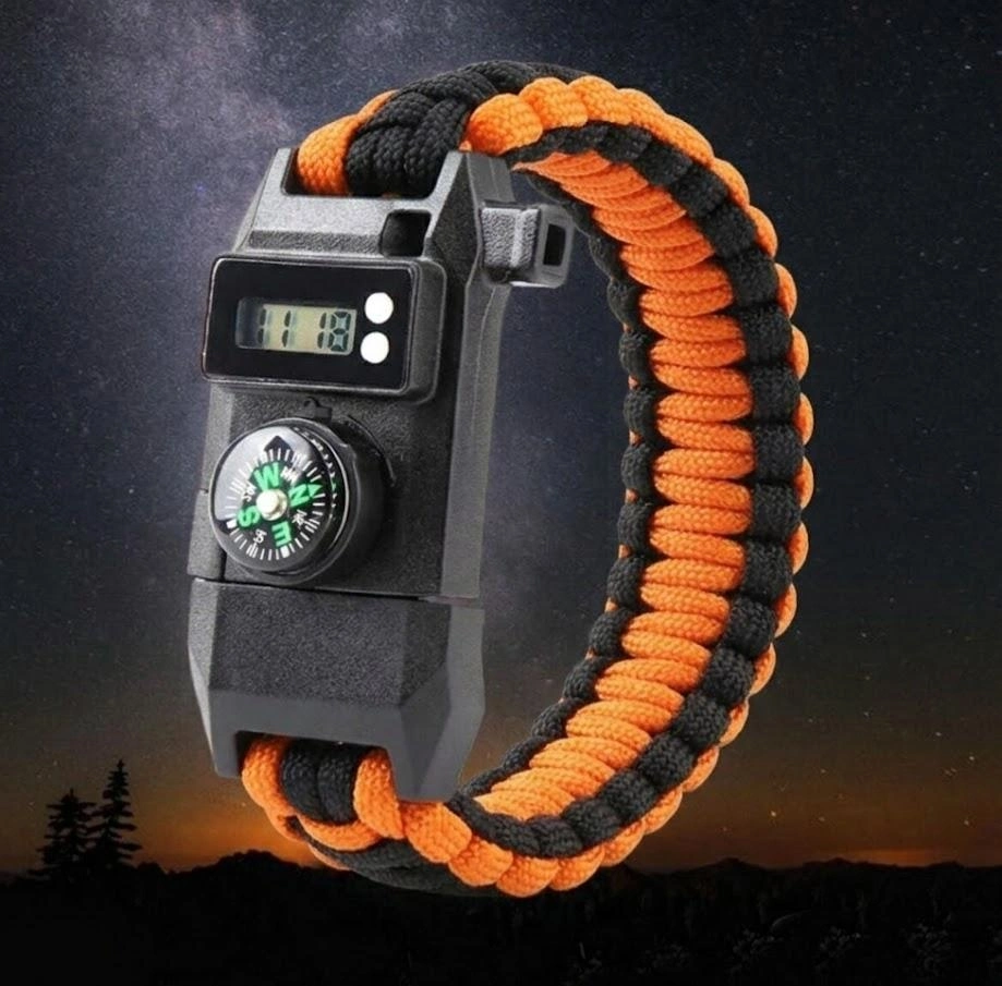 Paracord Dijital Saat Düdük Hayatta Kalma Turuncu Kamp Bilekliği