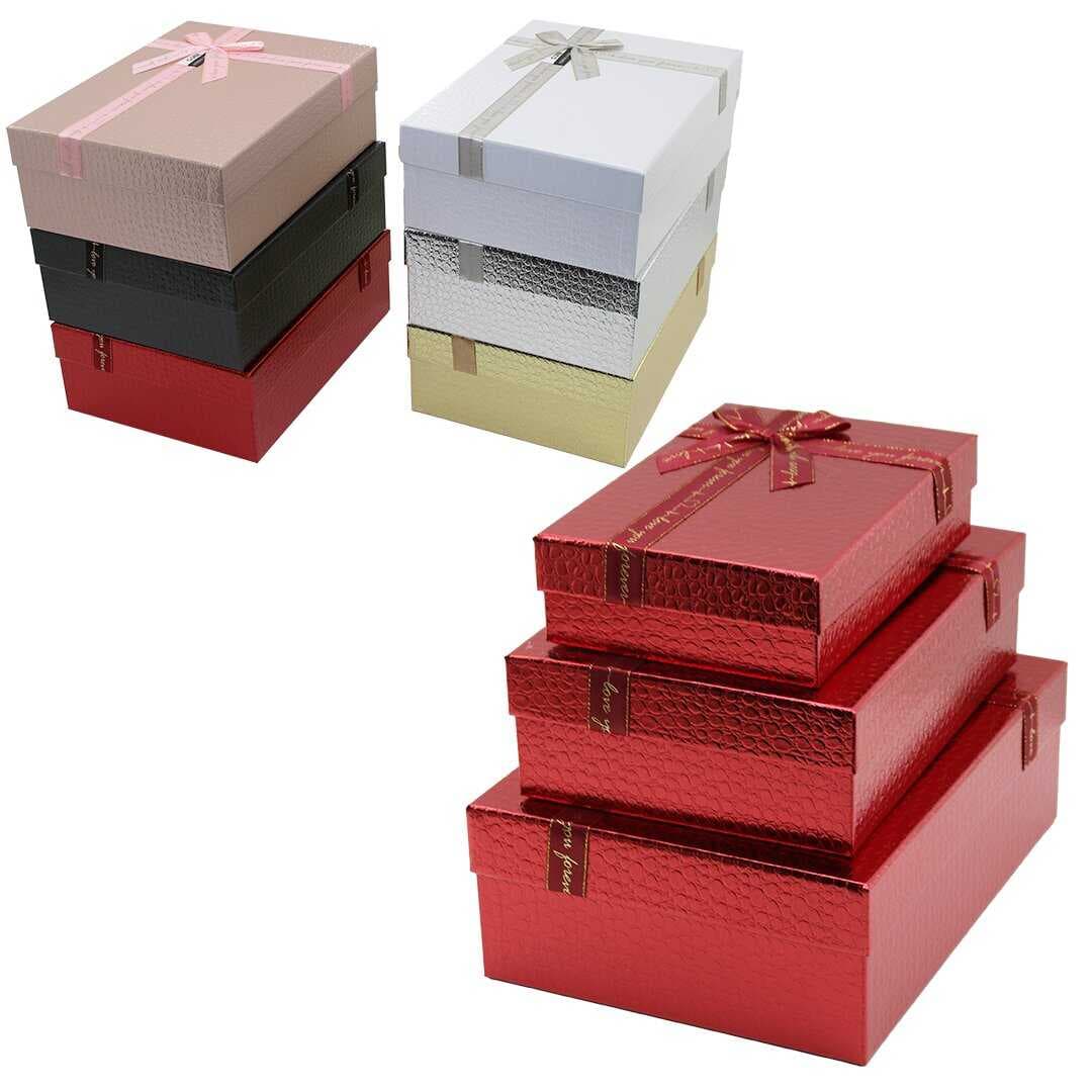 3PCS D.DÖRTGEN PARLAK MİX RENKLİ - KABARTMA DESEN KARTON HEDİYE KUTUSU KURDELALI 33X24.5-28.5X20.5-24X16.5CM (5430)