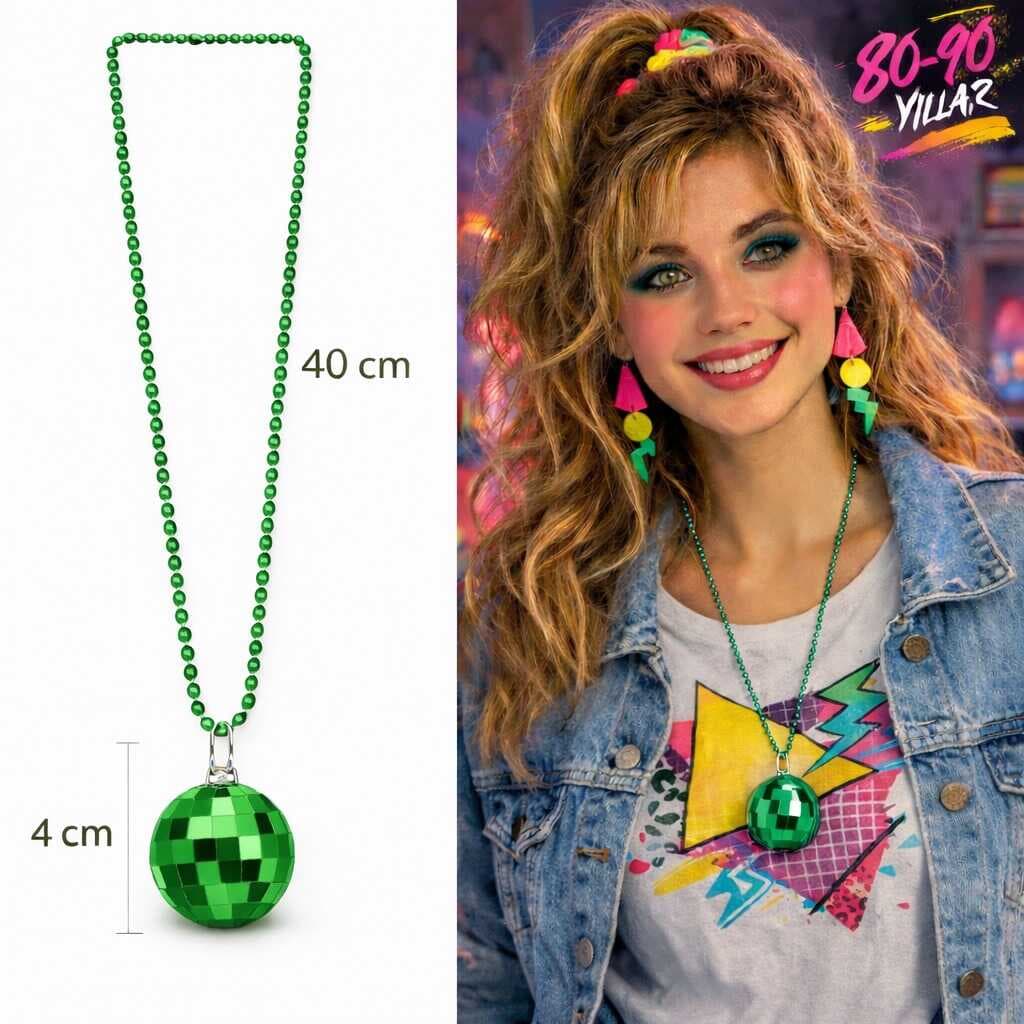Retro Disko Topu Şekilli 80&amp;apos;ler 90&amp;apos;lar Yeşil Renk Plastik Kolye (5430)