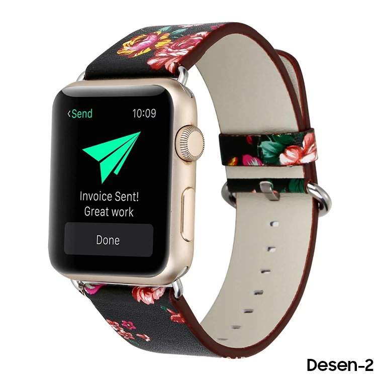 Ally Apple Watch 7-8 45mm 6-5-4 44mm Gül Desenli Pu Deri Kordon Kayış 3-2-1 42mm-(5775)