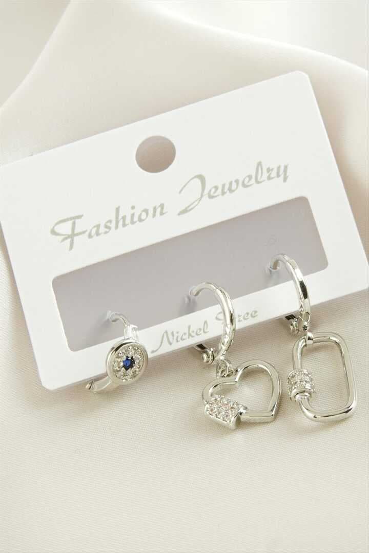 3 Adet Kalp Zirkon Taşlı Küpe