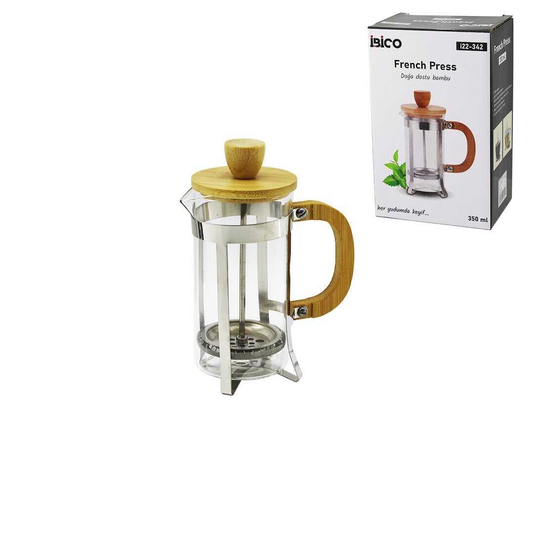 FRENCH PRESS METAL KAFES - BAMBU SAP BAMBU KAPAK 350ML CAM BİTKİ SÜZGEÇİ (5430)