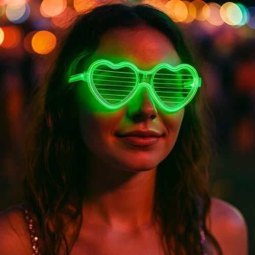Yeşil LED Işıklı Kalp Gözlük – 3 Modlu Parti &amp; Glow Gözlüğü