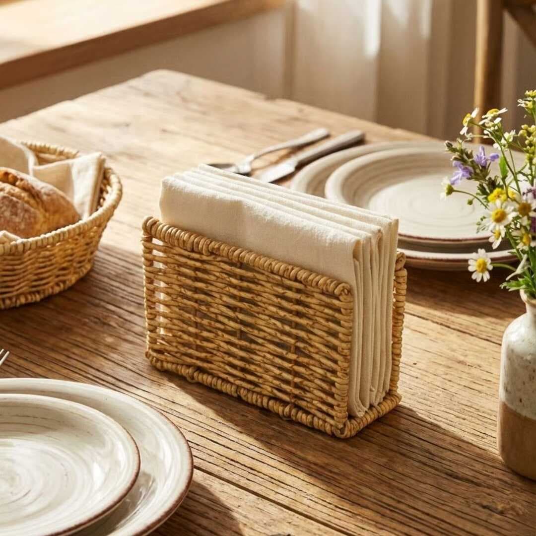 Dekoratif Plastik Rattan Dikdörtgen Peçetelik–Doğal Hasır Dokulu Masaüstü Peçete Standı (5430)