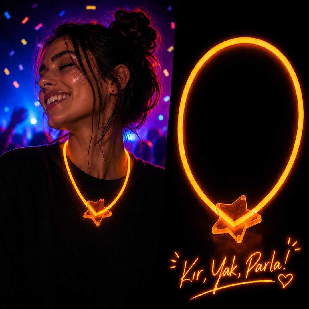 Fosforlu Yıldız Parti Kolyesi – Neon Işıklı Kolye Turuncu Renk (5430)