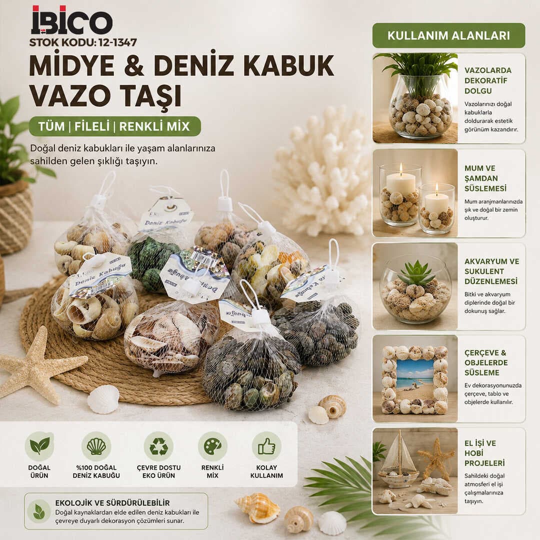 20 ADET FİLELİ RENKLİ MİX EKO MİDYE - DENİZ KABUK VAZO TAŞI (5430)