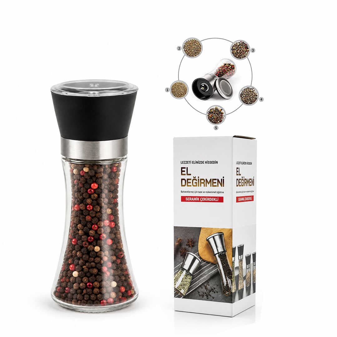 HAND GRINDER BÜYÜK CAM HAZNELİ - PLS.KAPAKLI - KROM BELLİ TUZ - BAHARAT ÖĞÜTÜCÜ (5430)