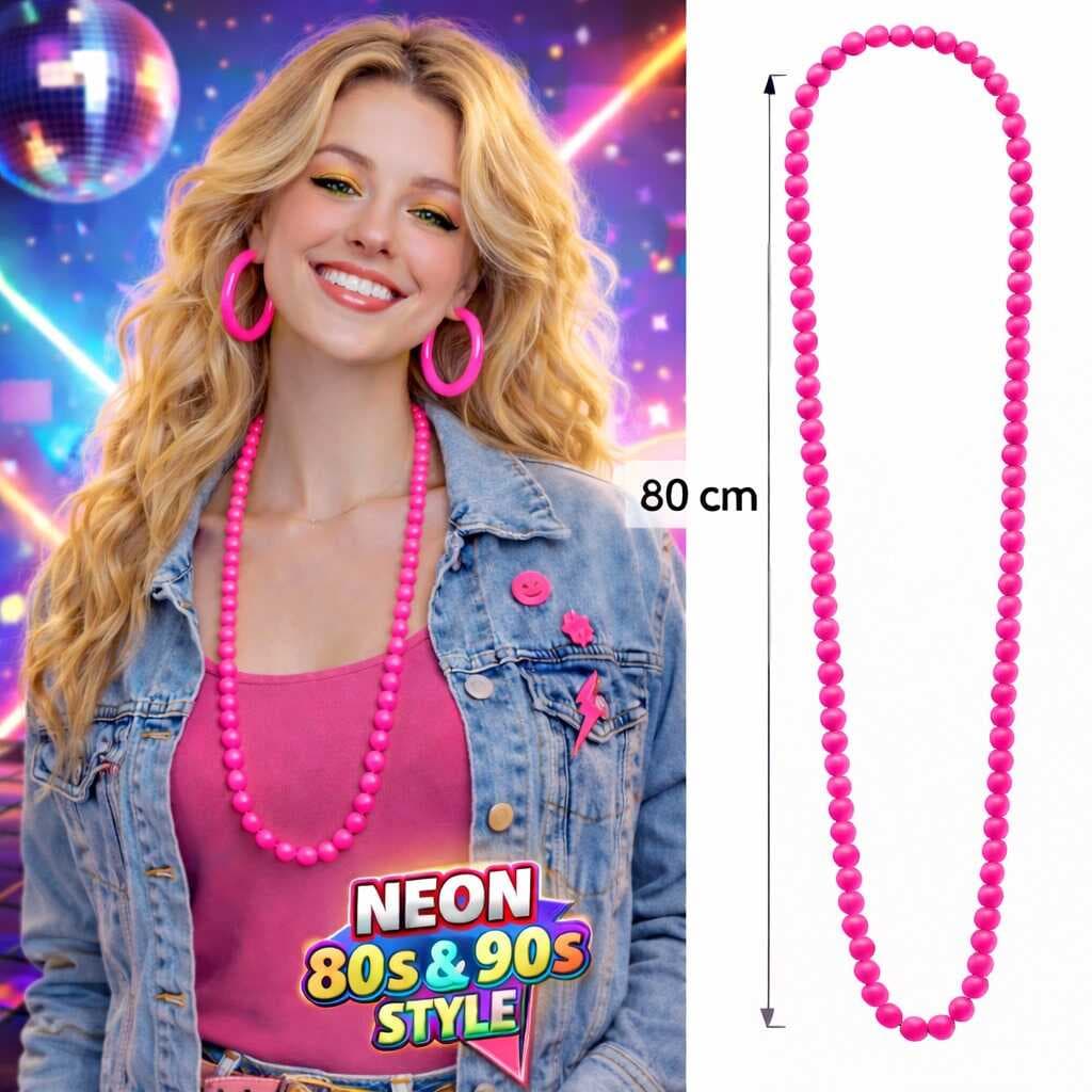 Neon Pembe Boncuk Kolye 80 cm – Retro 80’ler 90’lar Parti Aksesuarı (5430)