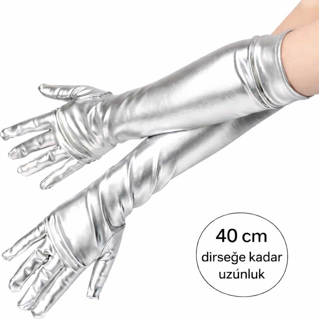 Gümüş Renk Dirsek Altı Lüks Saten Eldiven 40 cm (5430)