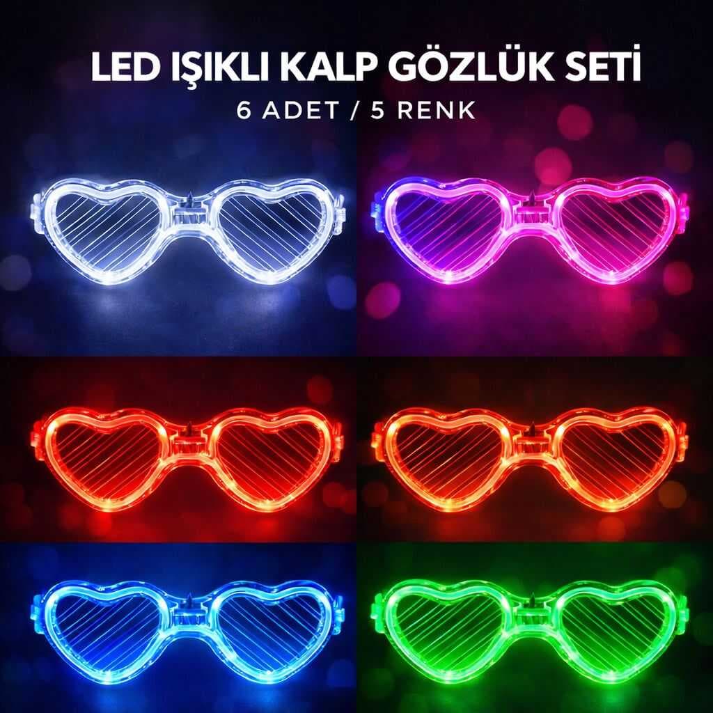 LED Işıklı Kalp Glow Pilli Parti Gözlüğü – 6 Adet / 5 Renk Set (5430)