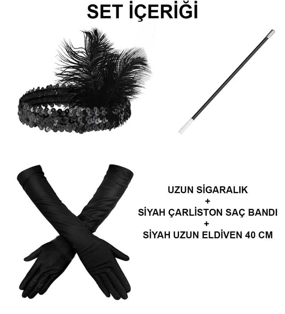 Gatsby Aksesuar Seti – Siyah Charleston Saç Bandı, Uzun Eldiven &amp; Sigaralık