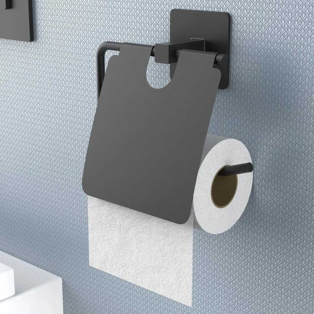 Kendiliğinden Yapışkanlı Siyah Paslanmaz Metal Kapaklı Tuvalet Kağıtlığı Aparatı (5430)