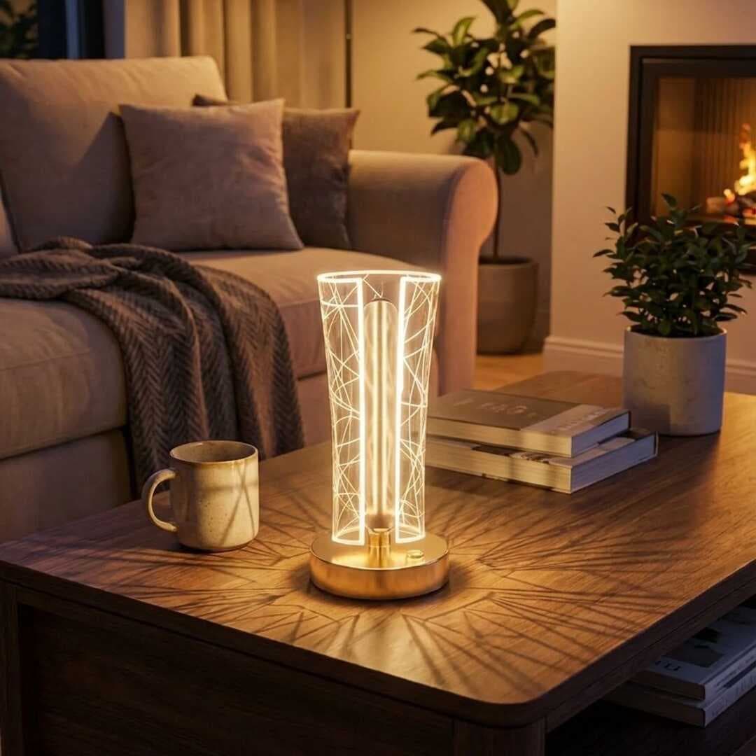 İki Yandan Kavisli Silindirik Geometrik Çizgi Model Kristal LED Masa Lambası – Dokunmatik, 3 Renk Işık Modlu, Şarjlı Dekoratif Gece Lambası (5430)