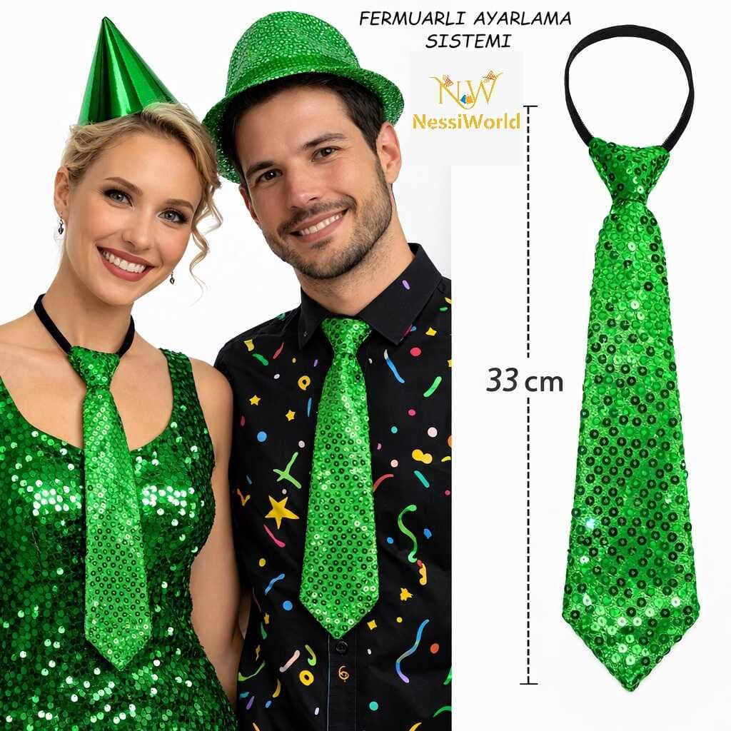 Yeşil Renk Pul Payetli Işıltılı Parti Kravatı 33 cm