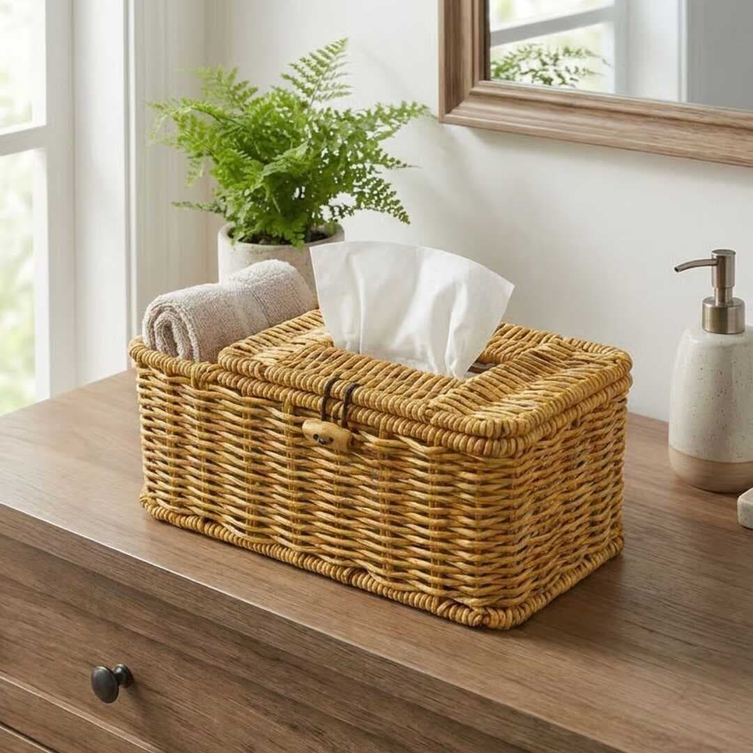 Bölmeli Kapaklı Doğal Rattan Görünümlü Hasır Makyaj, Takı ve Havlu Düzenleyici – Peçetelikli Çok Amaçlı Masaüstü Organizer Sepet (5430)