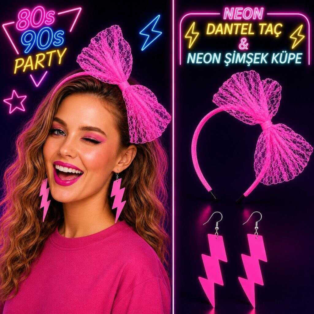 Neon Pembe Dantel Taç ve Şimşek Küpe 80&amp;#39;ler 90&amp;#39;lar Parti Seti