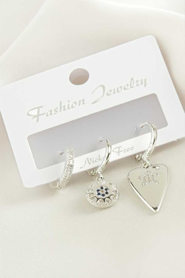 3 Adet Kalp Zirkon Taşlı Küpe