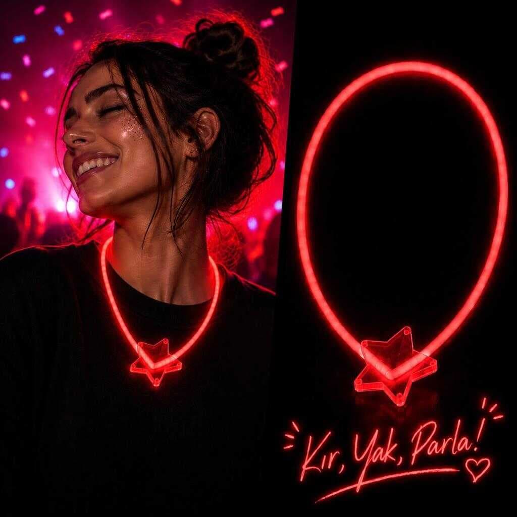 Glow Yıldız Kolye Neon Fosforlu Işıklı Kolye Kırmızı Renk