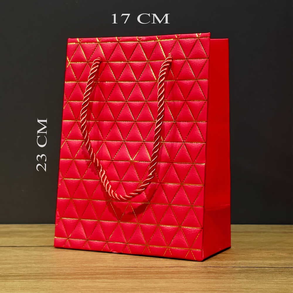 Kırmızı Geometrik Desenli Orta Boy Karton Hediye Çantası