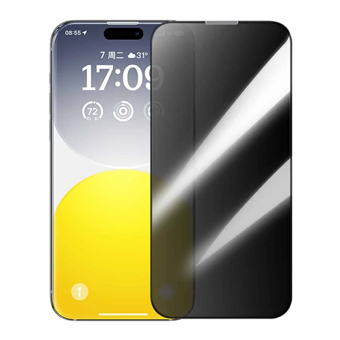 Baseus Crystal iPhone 15 Pro Max Privacy Full Koruma Tempered Cam Ekran Koruyucu-(5775)