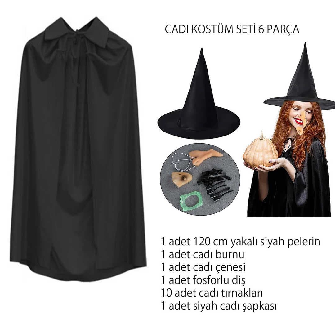 Cadı Kostüm Seti 6 Parça - Şapka Pelerin Diş Tırnaklar Çene ve Burun (5430)
