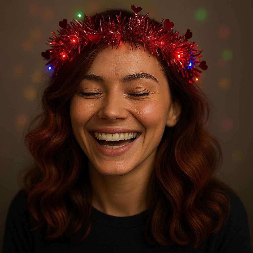 Kalp Püsküllü Gece Parıltısı 3 Modlu LED&amp;apos;li Işıklı Taç Kırmızı Renk (5430)