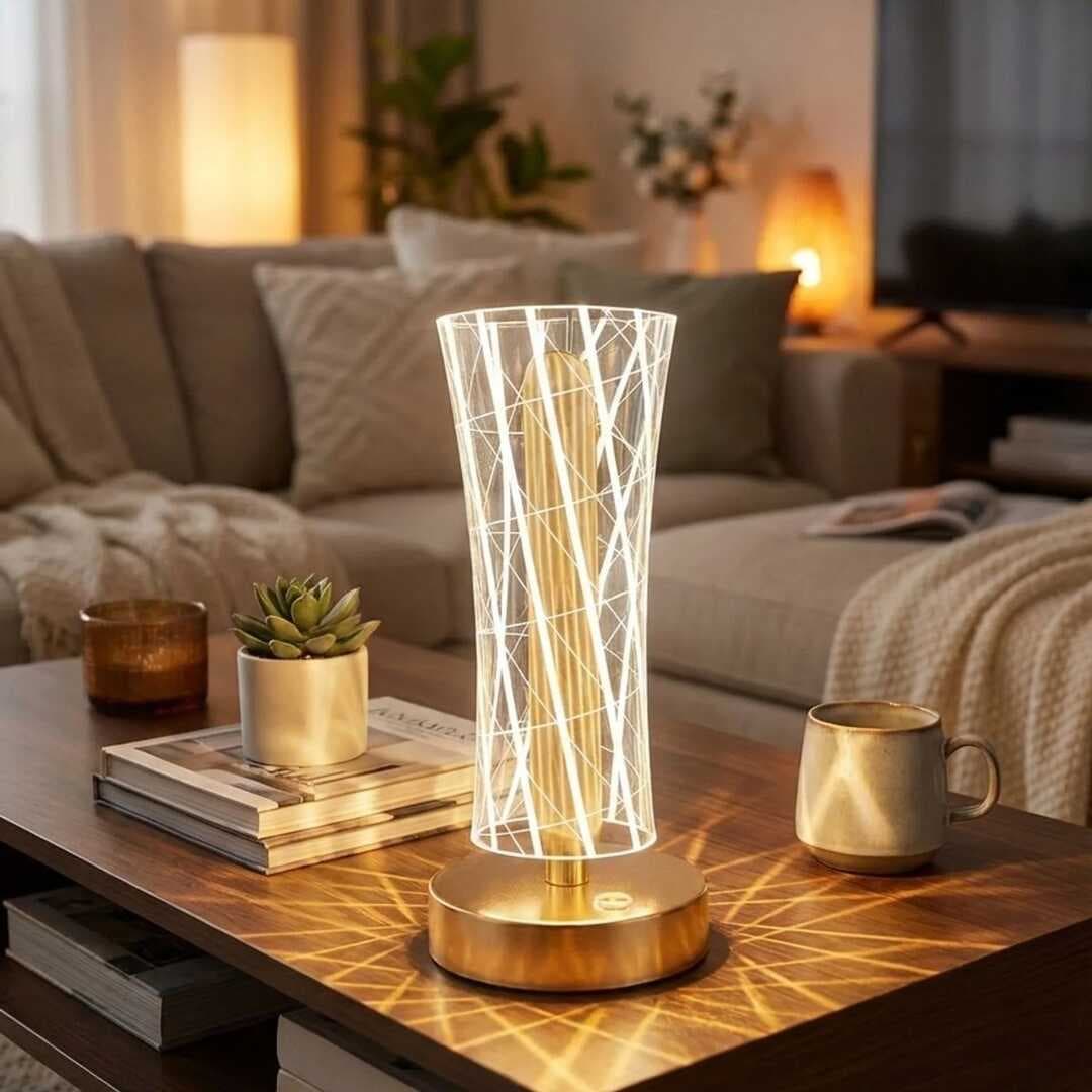 Silindirik Kristal Çizgi Model LED Masa Lambası – Gold Tabanlı, Dokunmatik, 3 Renk Işık Modlu, Şarjlı Modern Dekoratif Gece Lambası (5430)