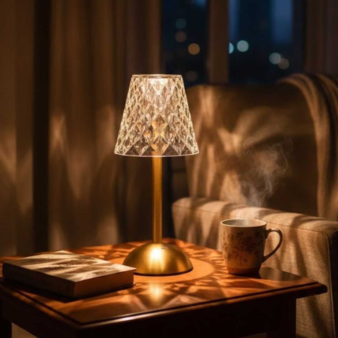 Uzun Klasik Şeffaf Baklava Model LED Masa Lambası – Dokunmatik, 3 Renk Işık Modlu, Şarjlı Dekoratif Gece Lambası (5430)